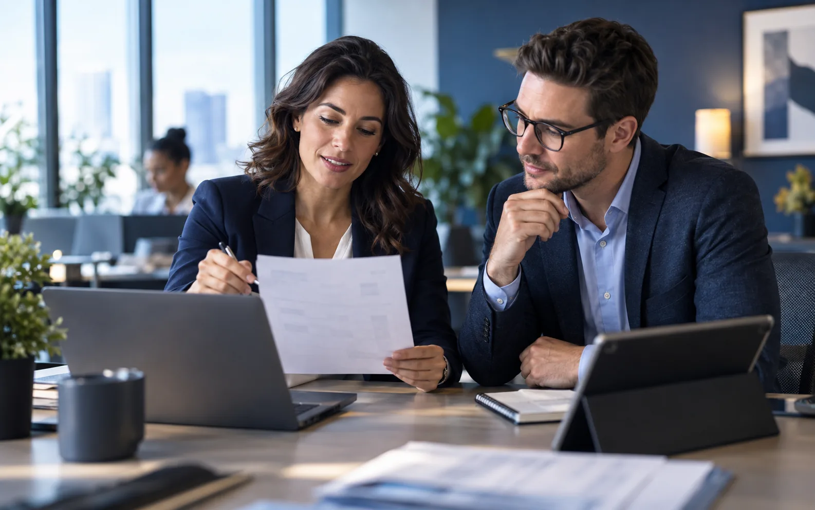 Illustrative scene of a finance team discussing a digital invoice approval workflow