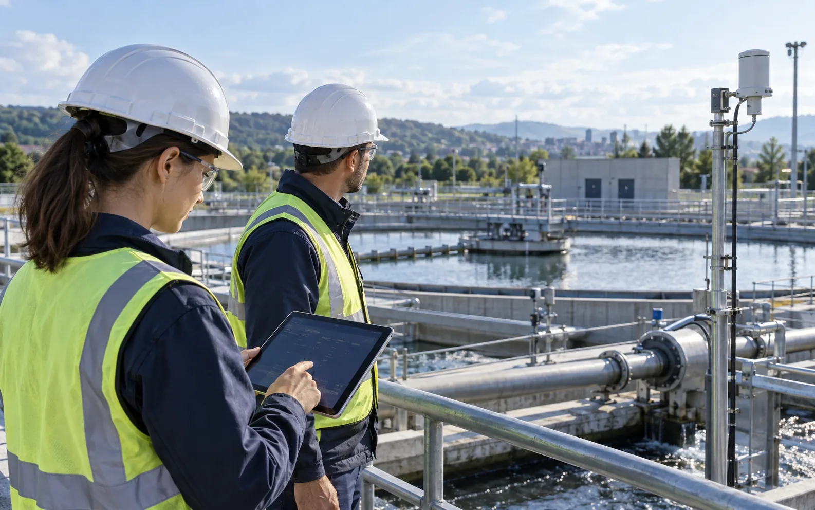 Illustrative scene of engineers reviewing monitoring data at a wastewater treatment facility